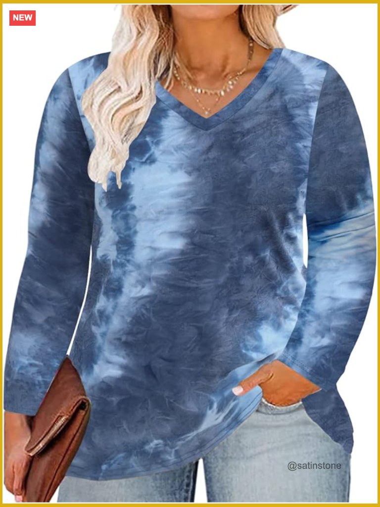 Long Sleeve V-Neck Tunic Pullover Loose Fit Plus Size Top